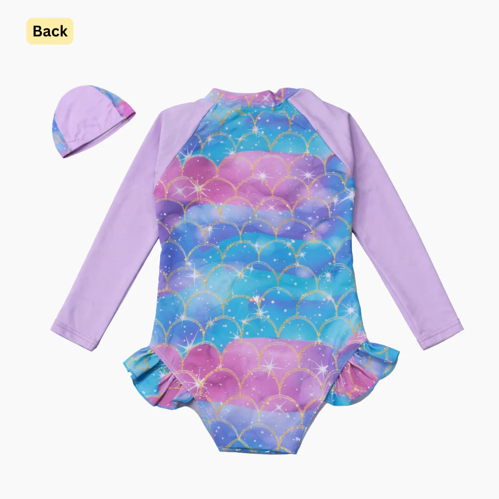 Lilac Pearl Mermaid Zip Swimsuit with cap
