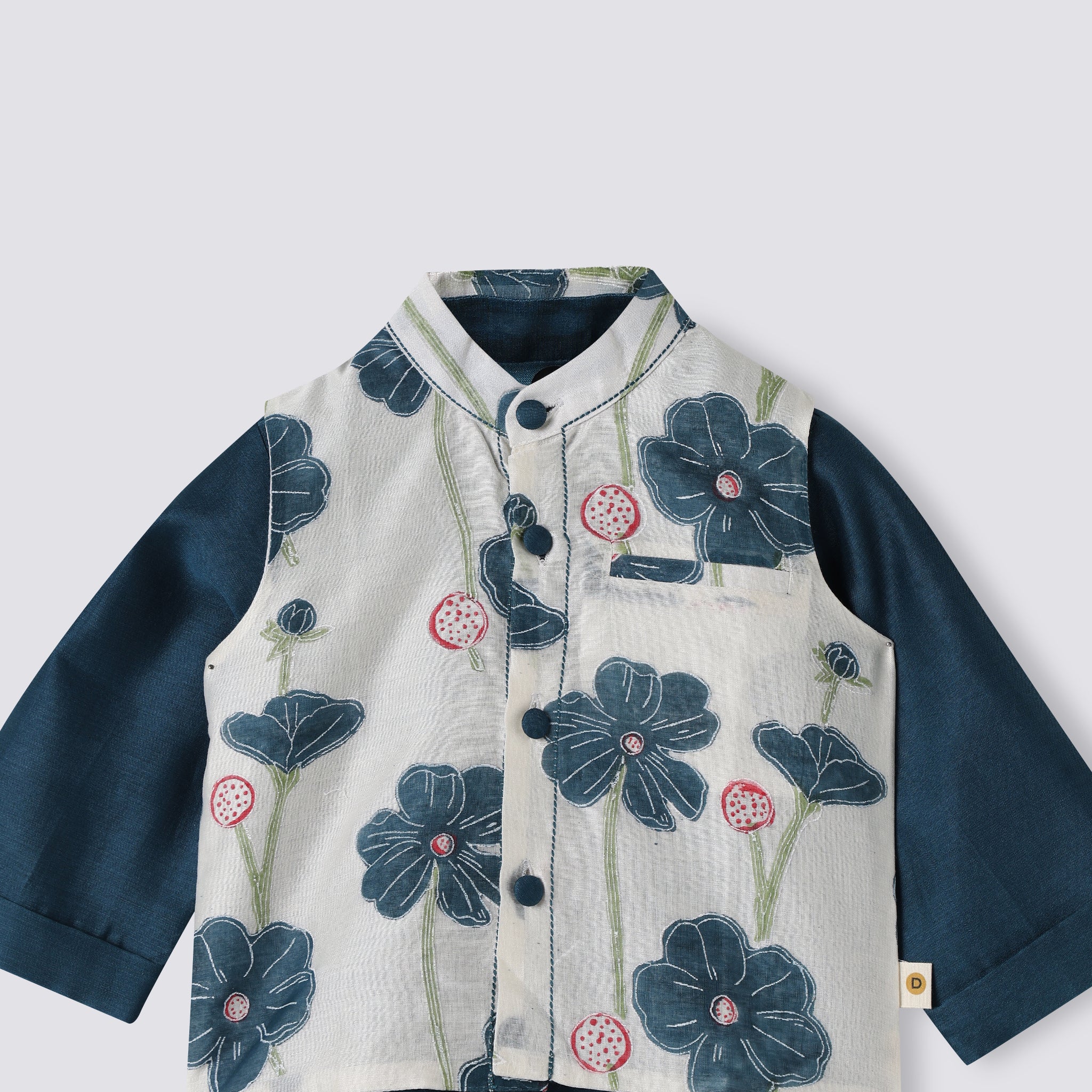 Chanderi Kurta Pyjama & Bandi Set - Poppy Fields (Sapphire)
