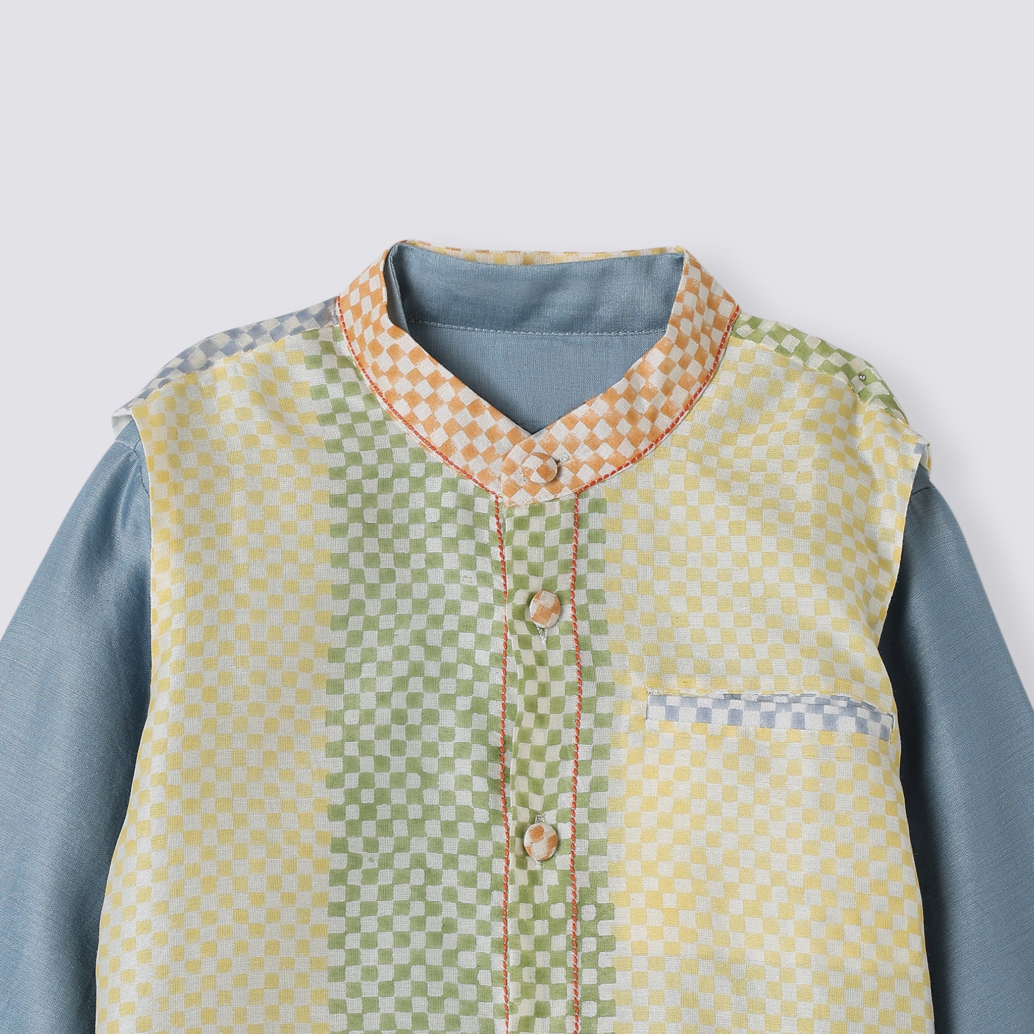 Chanderi Kurta Pyjama & Bandi Set - Spot the Checks (Sky)