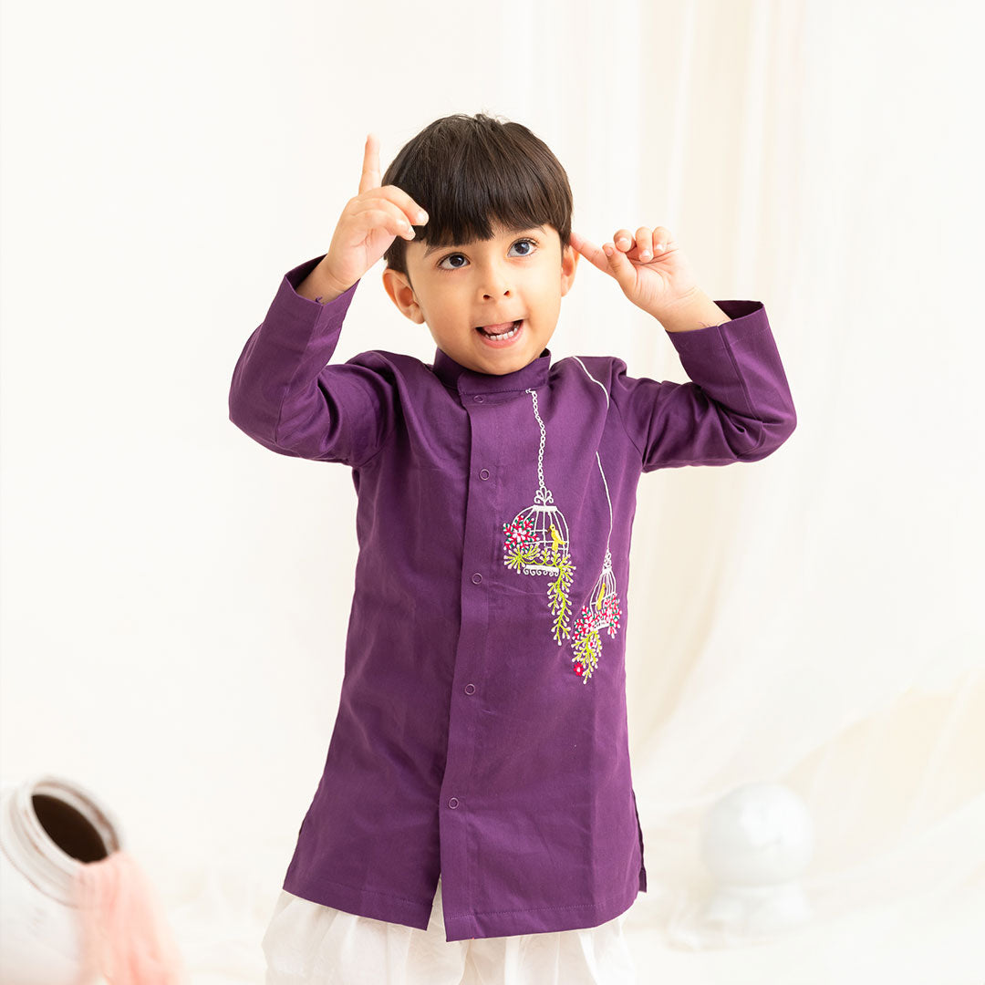 Birdcage Garden – Cotton Embroidered Purple Kurta paired with Dhoti Pants