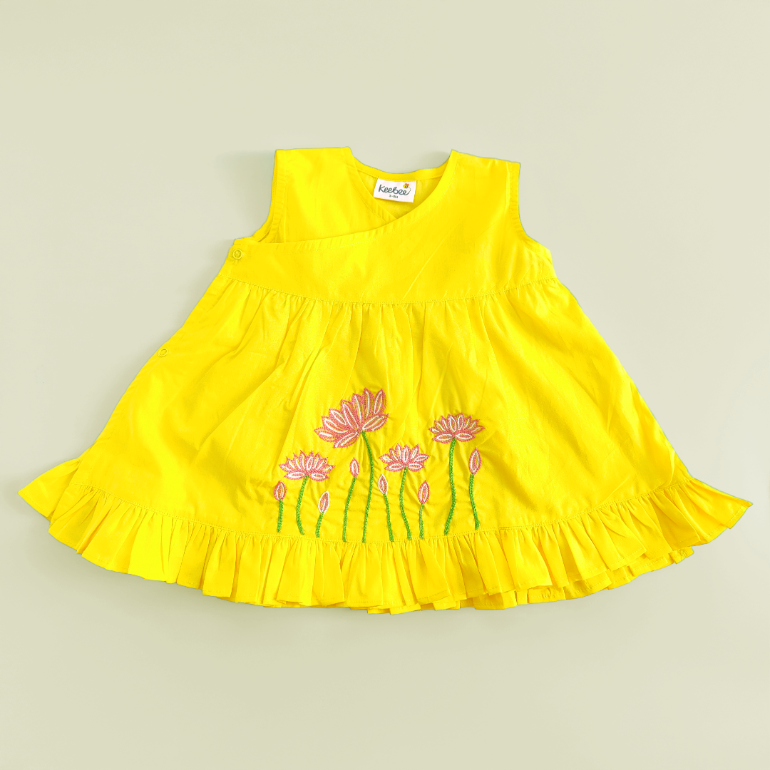 Embroidered Yellow Wrap Dress - Lotus Pond