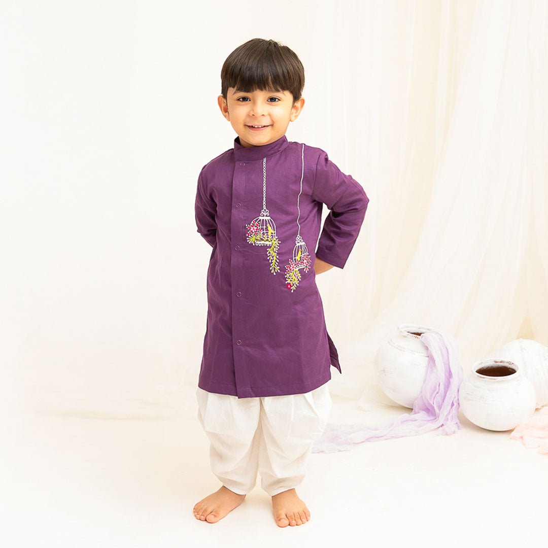 Birdcage Garden – Cotton Embroidered Purple Kurta paired with Dhoti Pants