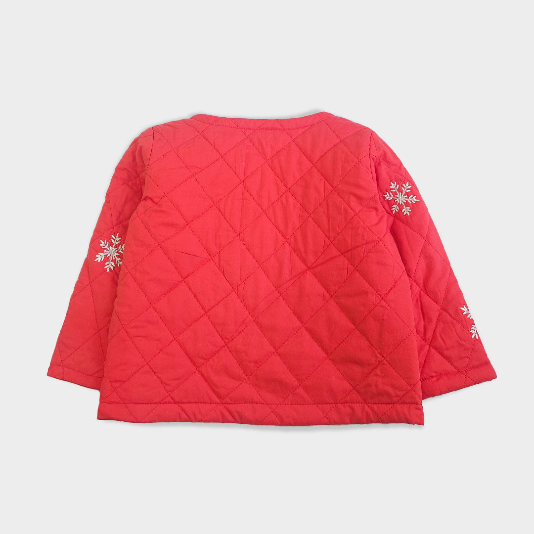 Snowflakes – Cotton Embroidered Red Button Up Quilted Jacket