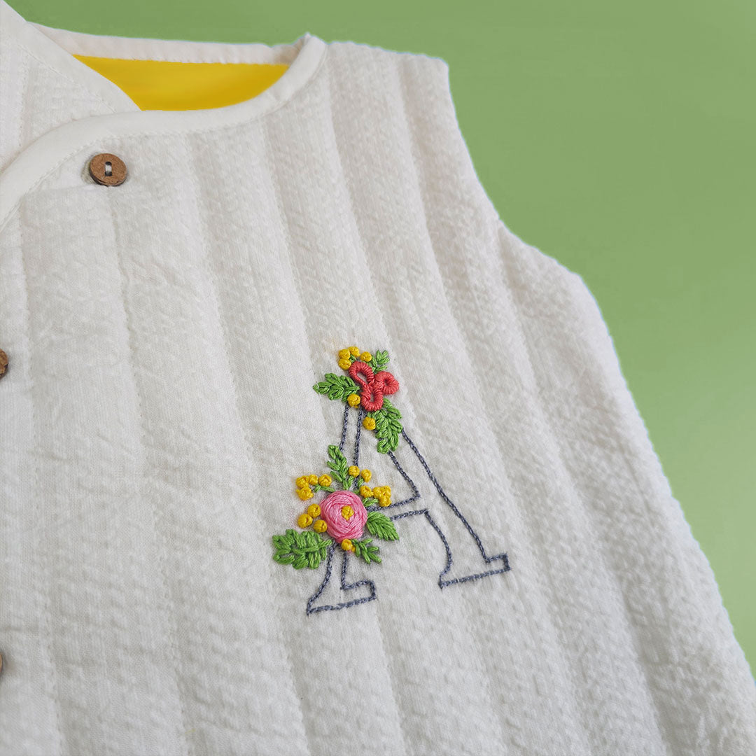 Your Baby's Initial - Cotton Embroidered White Button Up Quilted Vest