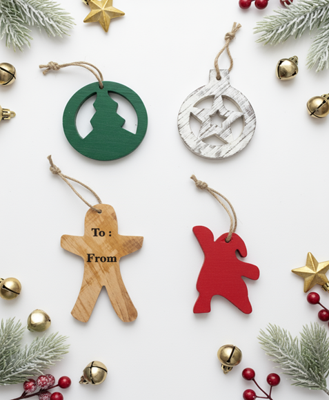 HERMES - Pack of 4 Wooden Christmas Tree Ornaments - Star - Tree - Candyman - Santa