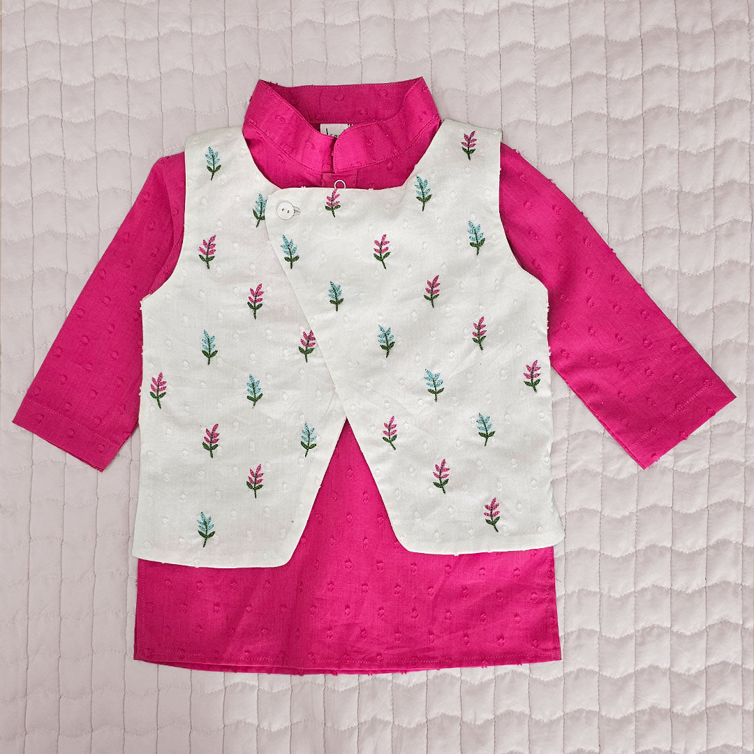 Hot Pink - Cotton Floral Embroidered Jacket Kurta and White Pajama Pants Set