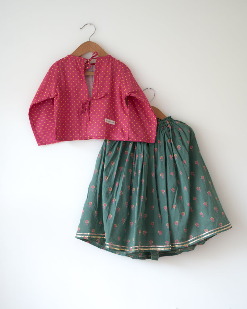 Kopal Magenta Polka Blouse & Green Floral Booti Lehenga Set
