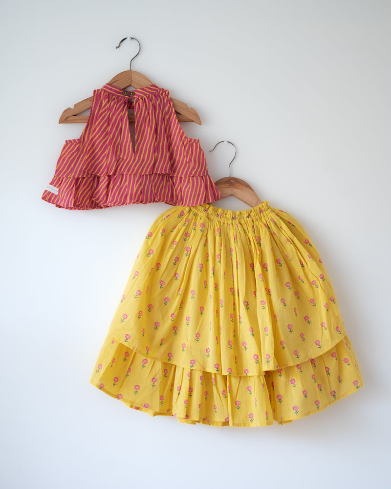 Meera Pink Striped Halter Choli & Yellow Booti Lehenga Set