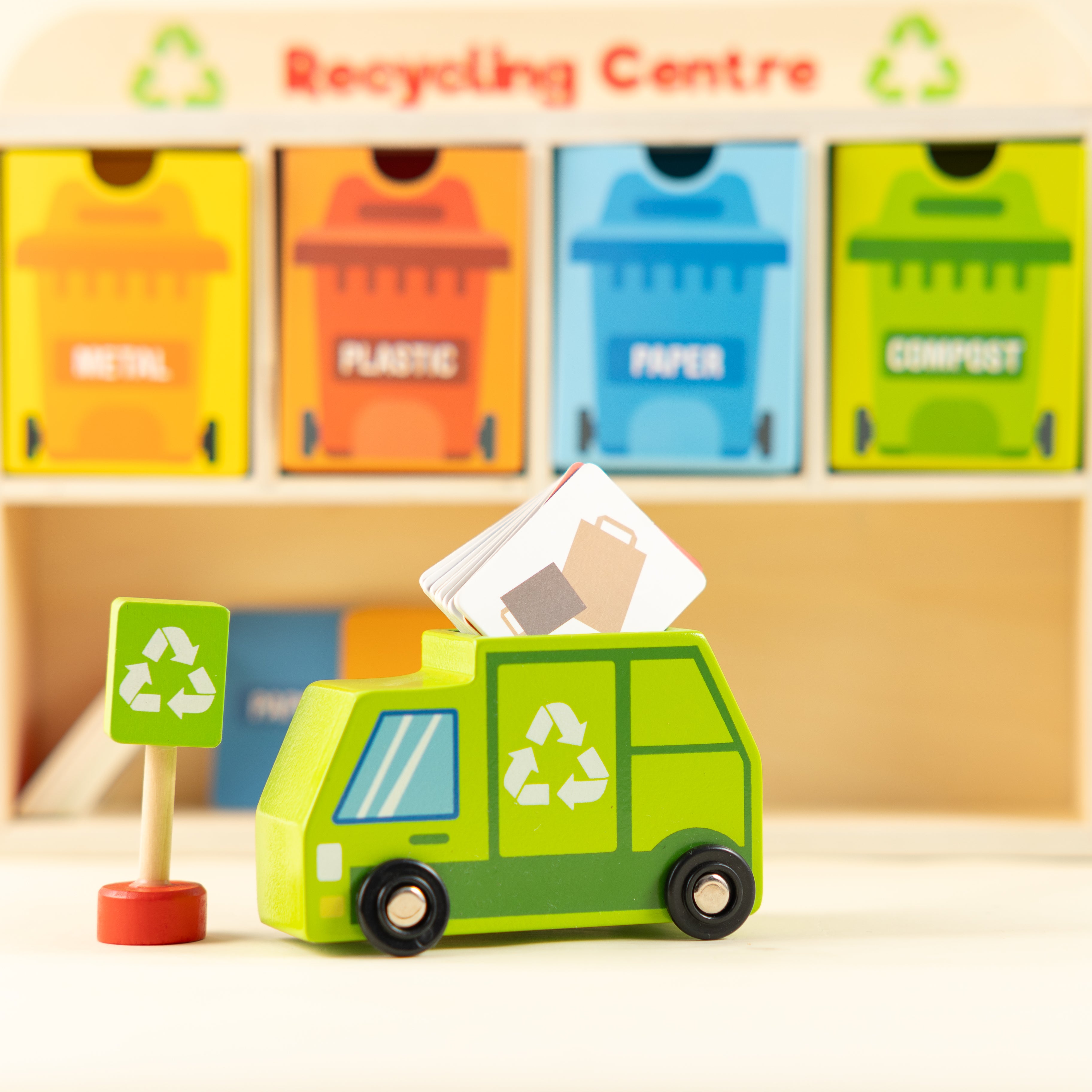 Tiny Trash Hub | Reduce & Reuse Recycling Center Playset | Wooden Green Garbage Truck Toy, Sorting Bins, and Accessories | Safe, Natural Materials For Environmental Learning, Fine Motor Skills, and Play
