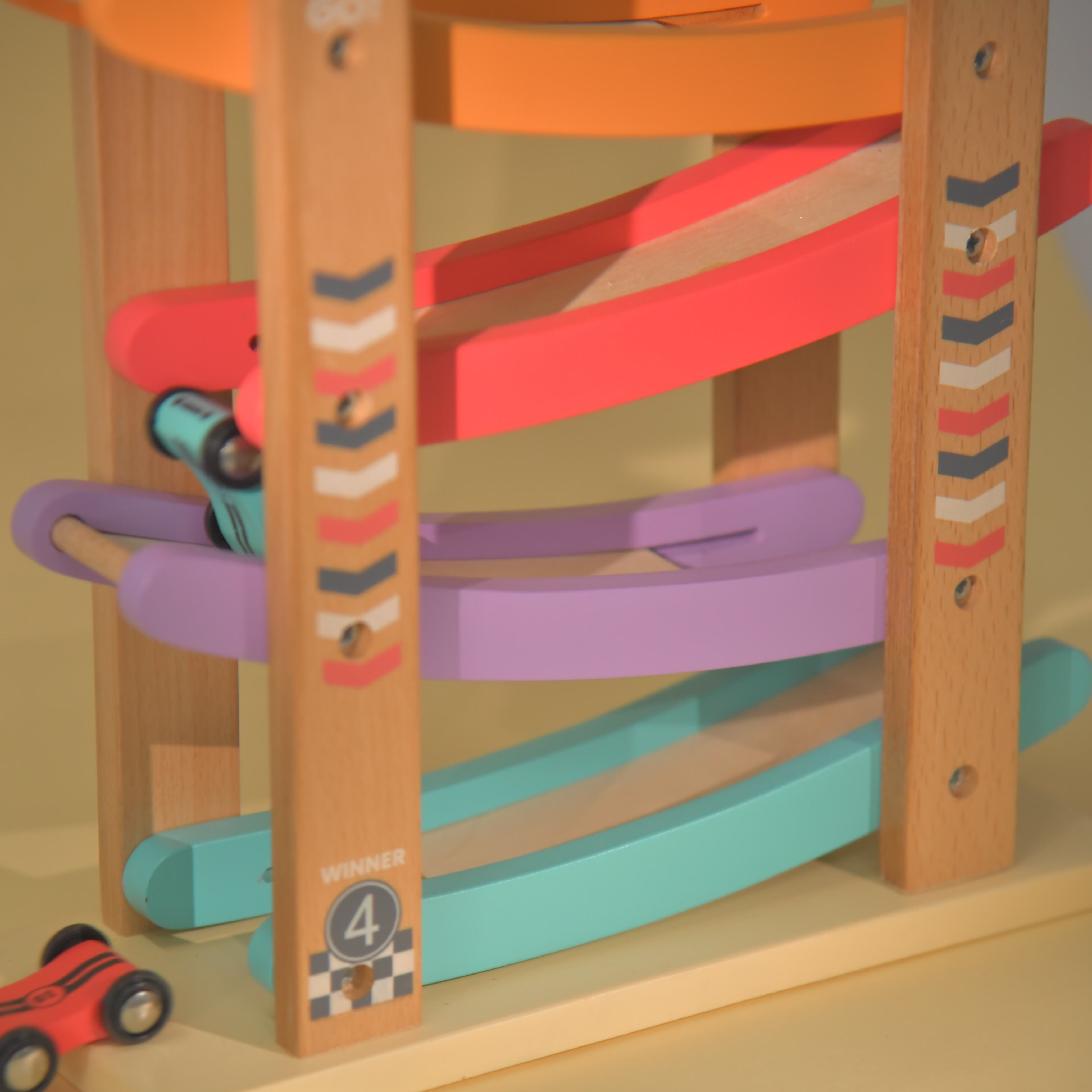 Speedy Wheels Wooden Ramp Racer Toy with 4 Car Ramps, 4 Mini Cars - Wood Race Track for 1 to 7 Years Toddlers, Boys & Girls – Educational Vehicle Toys- Multi Color
