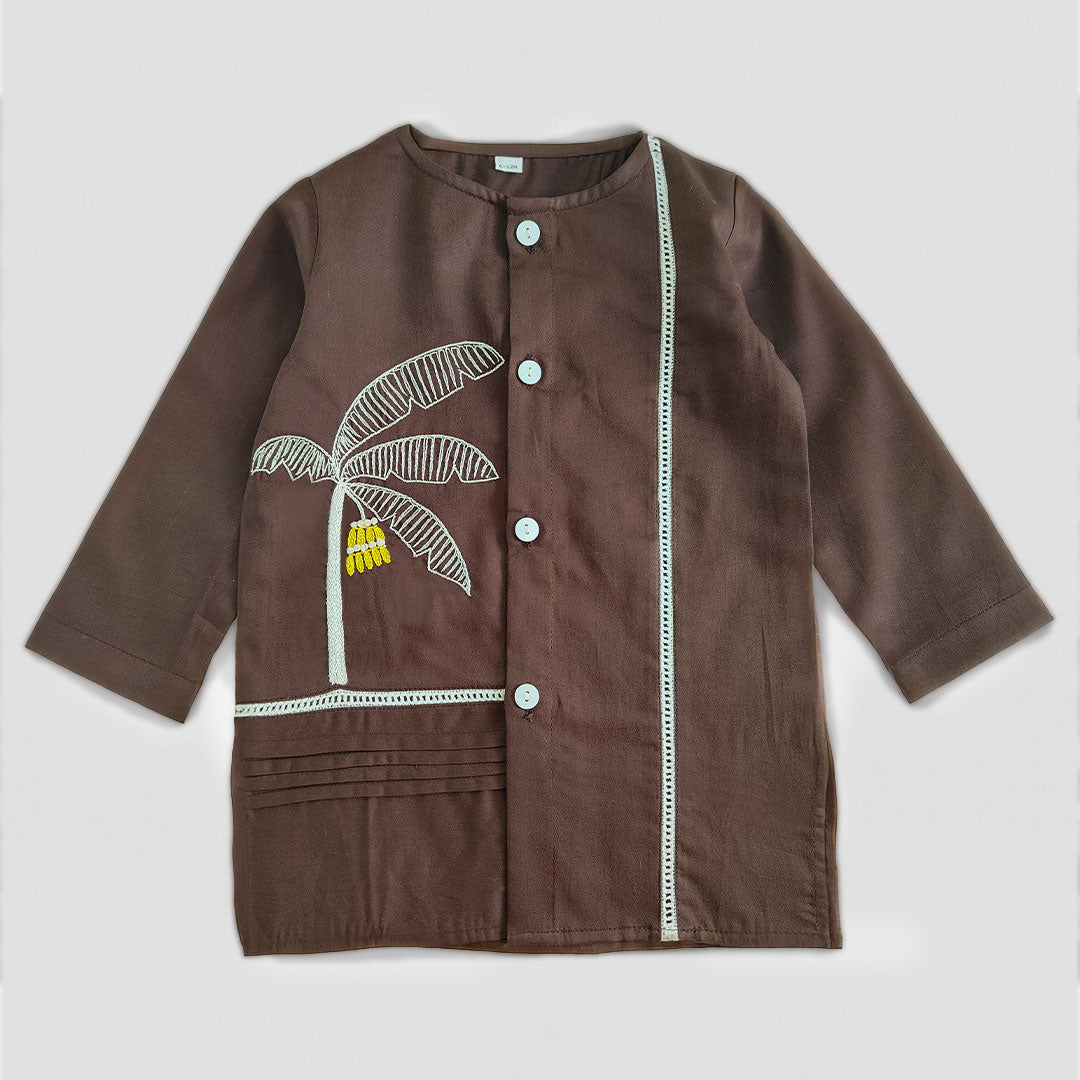 Embroidered Choco Brown Kurta and Pajama Pants Set - Plantain
