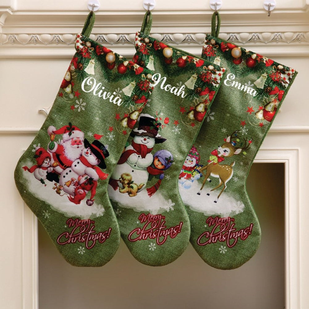 Snowman & Friends Velveteen Stockings- Red Santa with Snowman