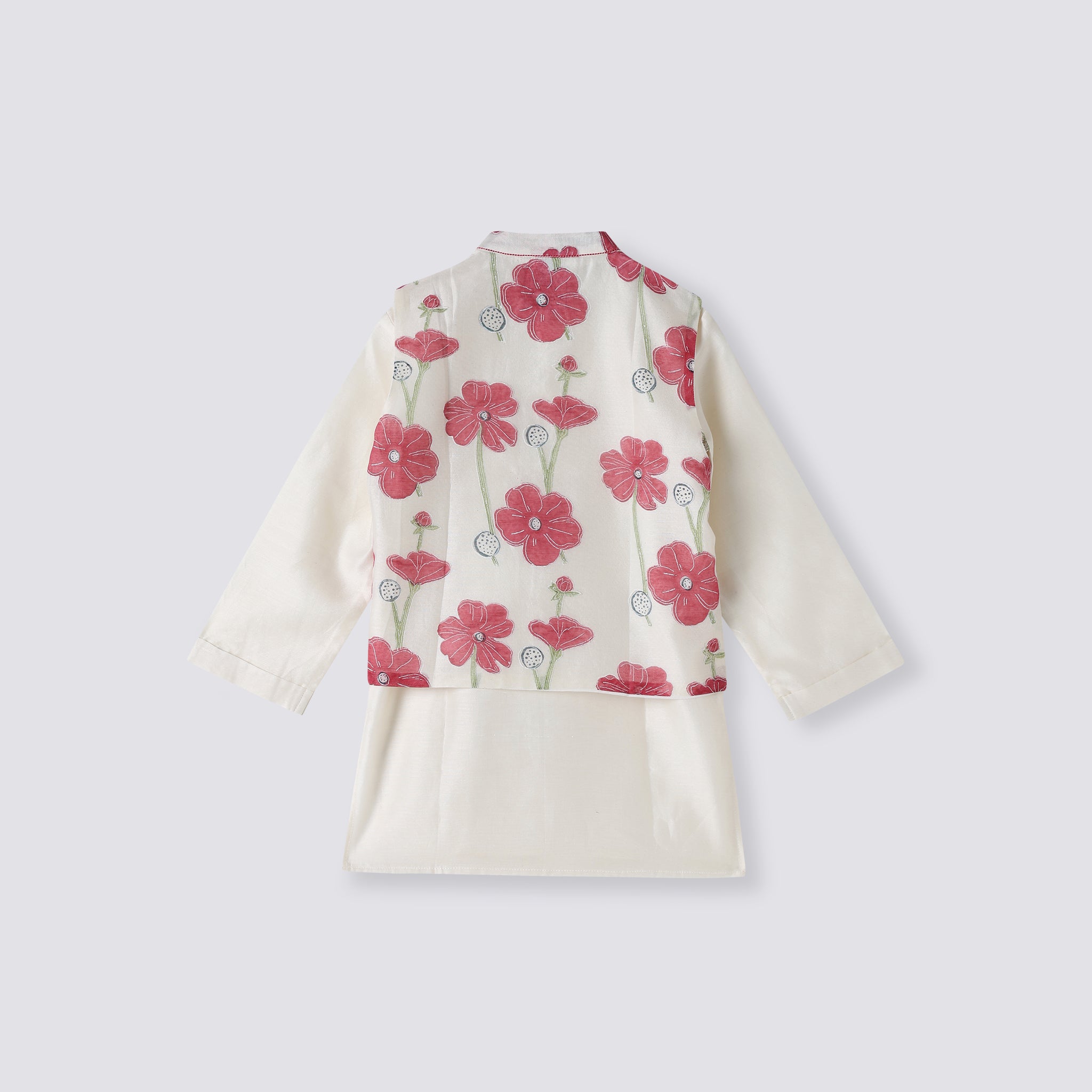 Chanderi Kurta Pyjama & Bandi Set - Poppy Fields (Ruby)