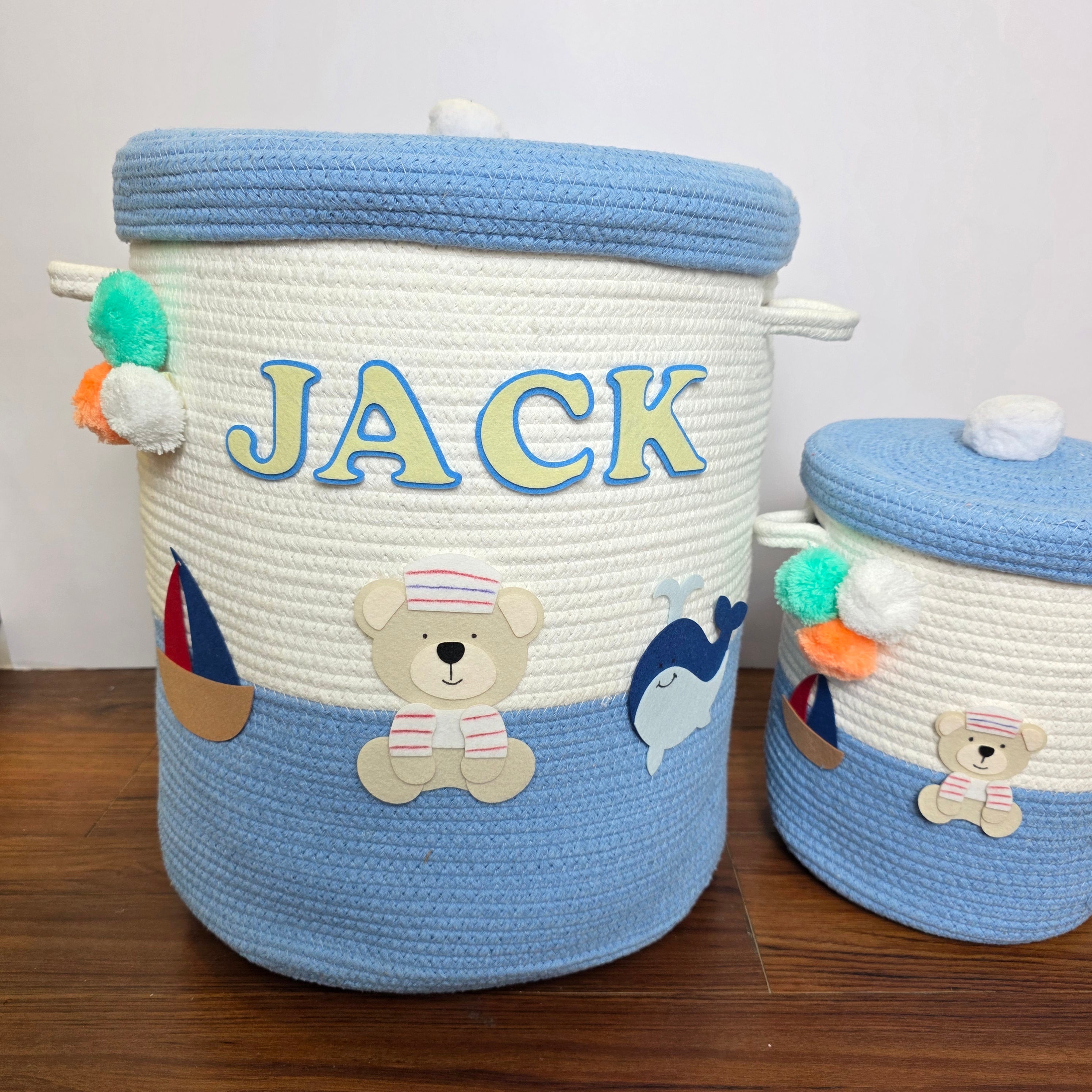 Jute Cotton Storage Basket with Lid - Seaside Skies