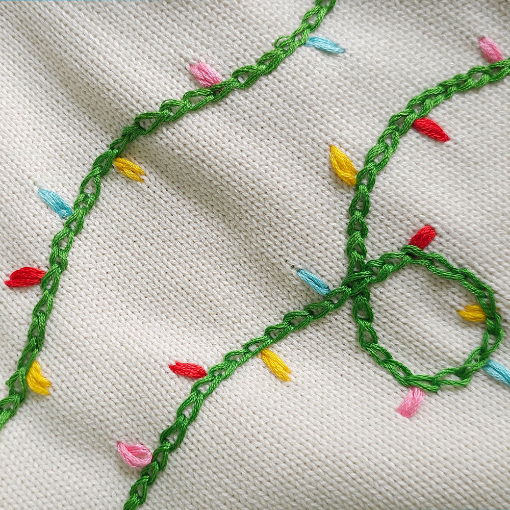 Twinkle Lights - Cotton Hand Embroidered Holiday White Sweater