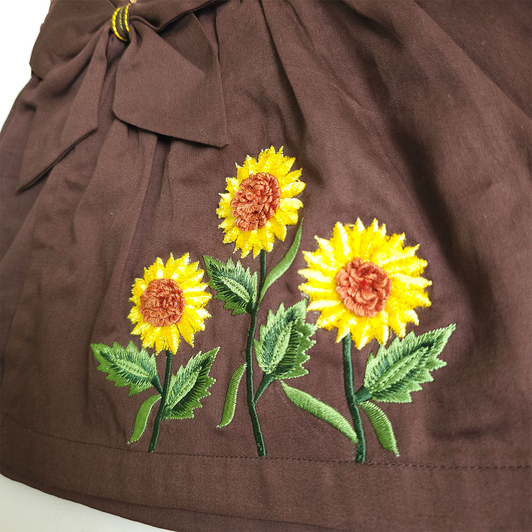 Embroidered Brown Overlap Dress - Sunflowers