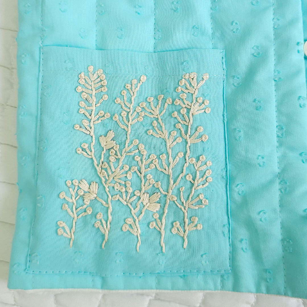 Frosty Plants - Cotton Embroidered Turquoise Blue Quilted Vest with Pockets