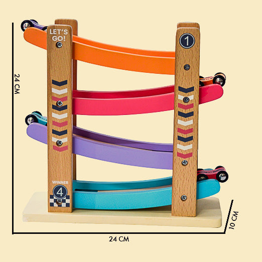 Speedy Wheels Wooden Ramp Racer Toy with 4 Car Ramps, 4 Mini Cars - Wood Race Track for 1 to 7 Years Toddlers, Boys & Girls – Educational Vehicle Toys- Multi Color