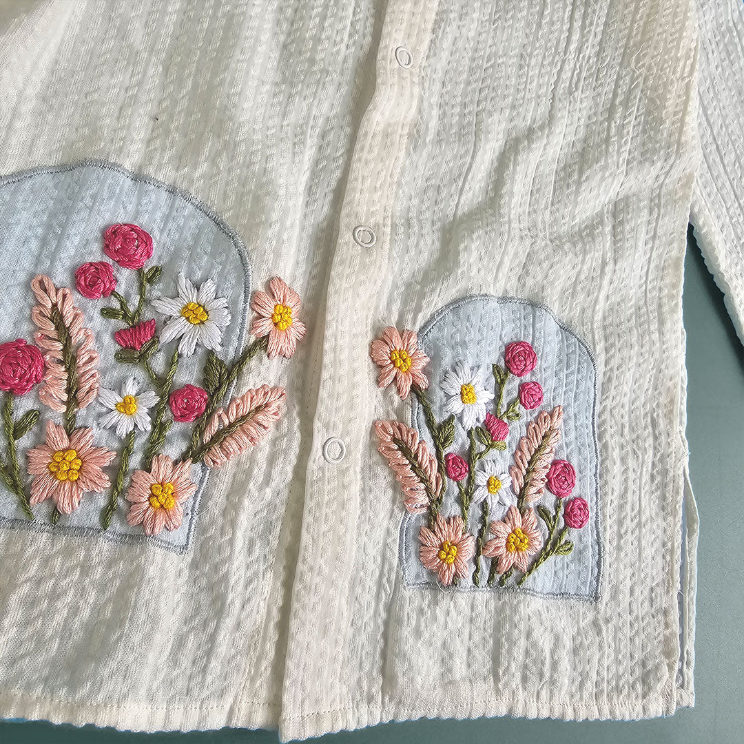 Bloom in Window - Cotton Embroidered Light Blue Kurta and White Pajama Pants Set