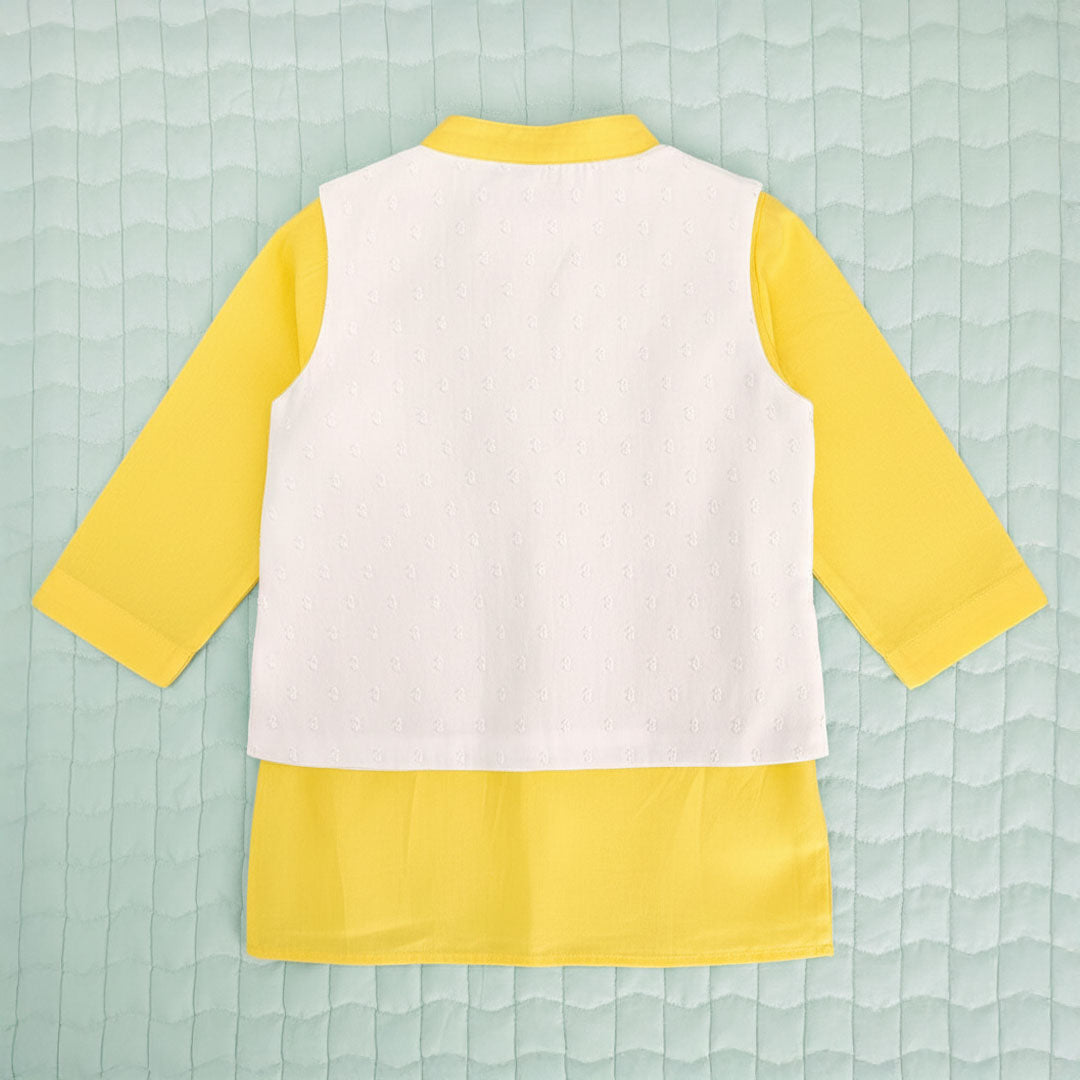 Yellow - Cotton Sun Embroidered Jacket Kurta and White Pajama Pants Set