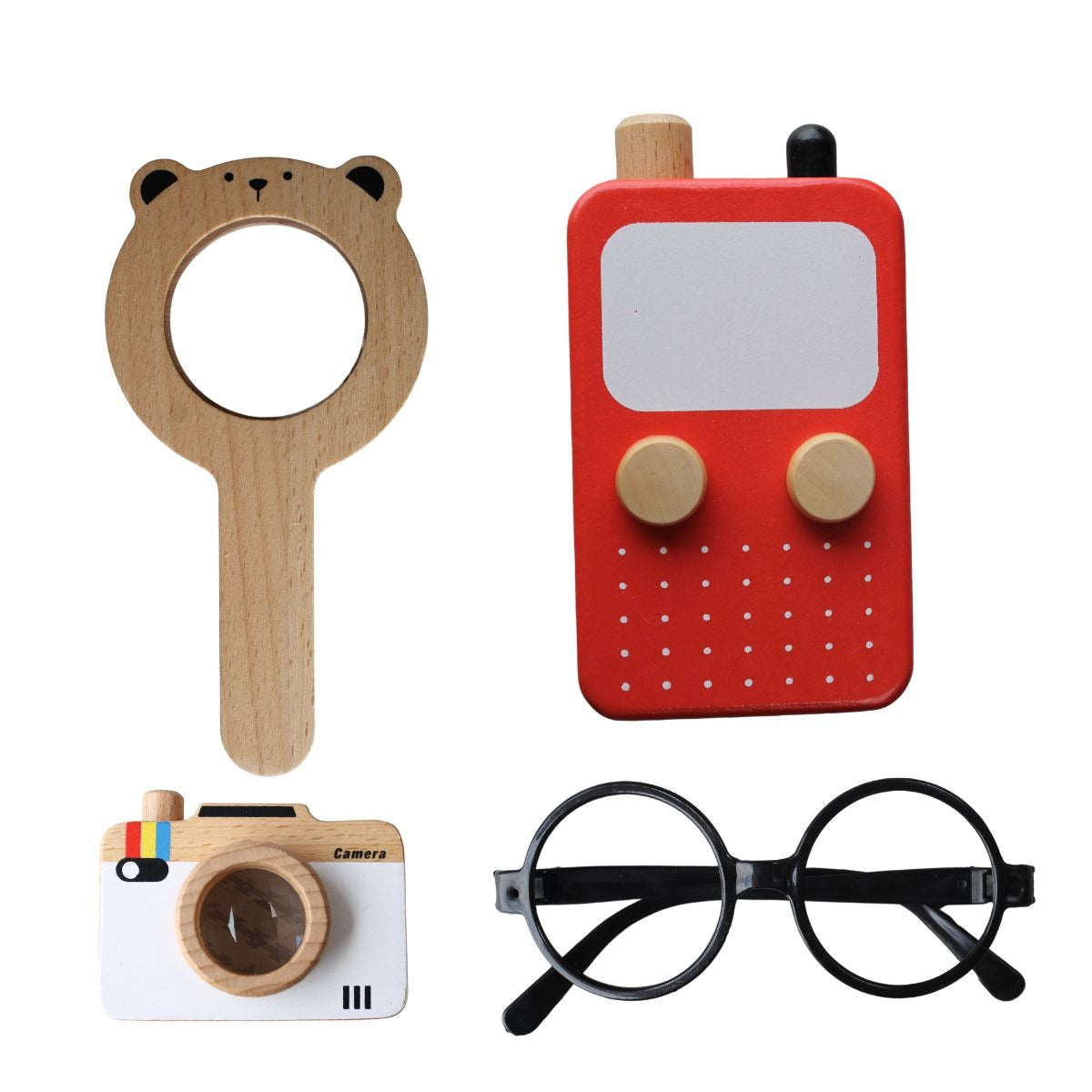 Wooden Detective Role Play Set for Kids, 15 Pieces with Evidence Markers, Wooden Tools, Case File, Black Hat and Accessories