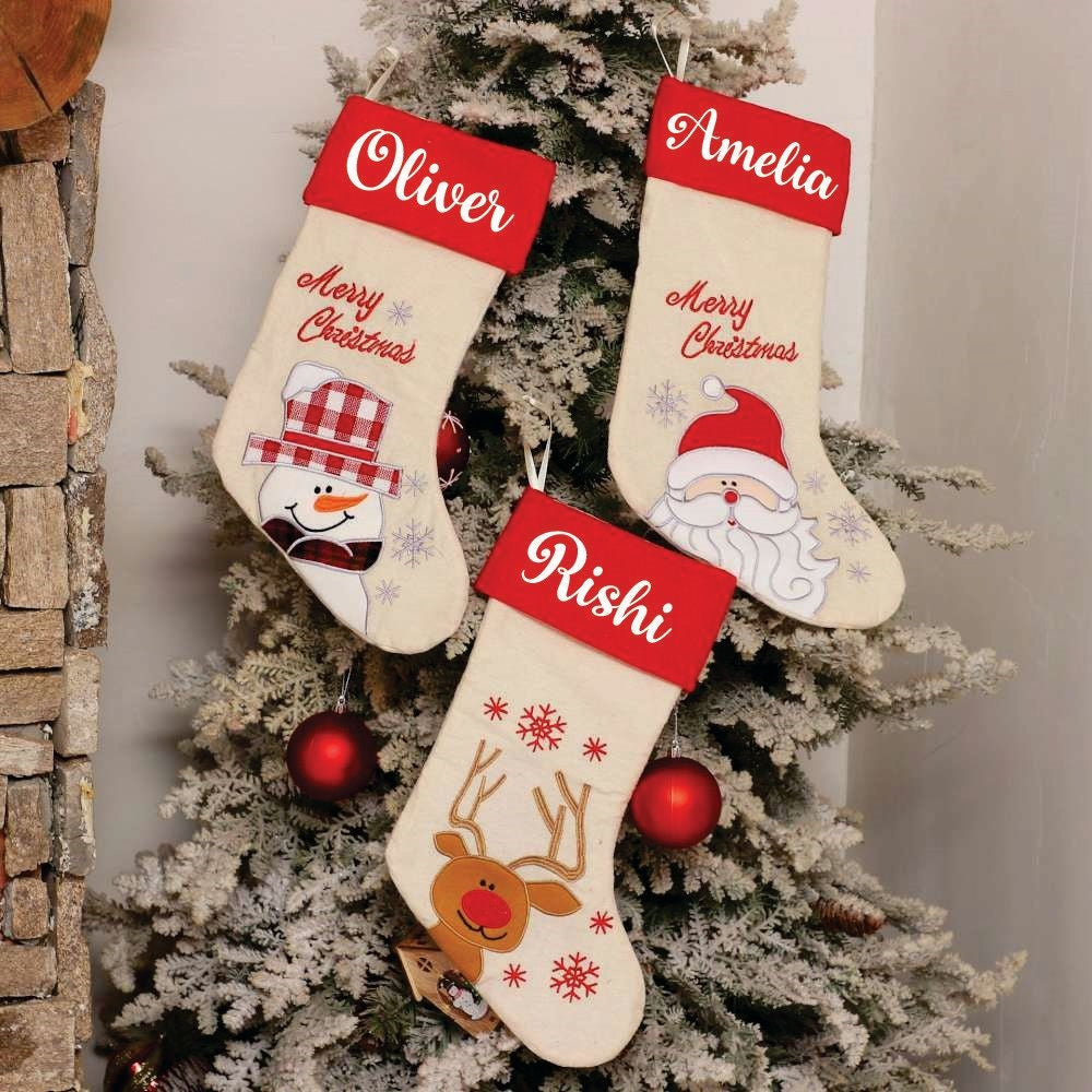 Red Band Linen Stockings- Merry Christmas Snowman