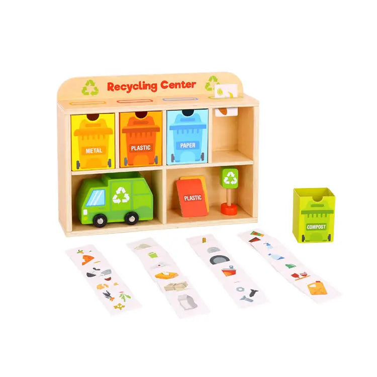 Tiny Trash Hub | Reduce & Reuse Recycling Center Playset | Wooden Green Garbage Truck Toy, Sorting Bins, and Accessories | Safe, Natural Materials For Environmental Learning, Fine Motor Skills, and Play