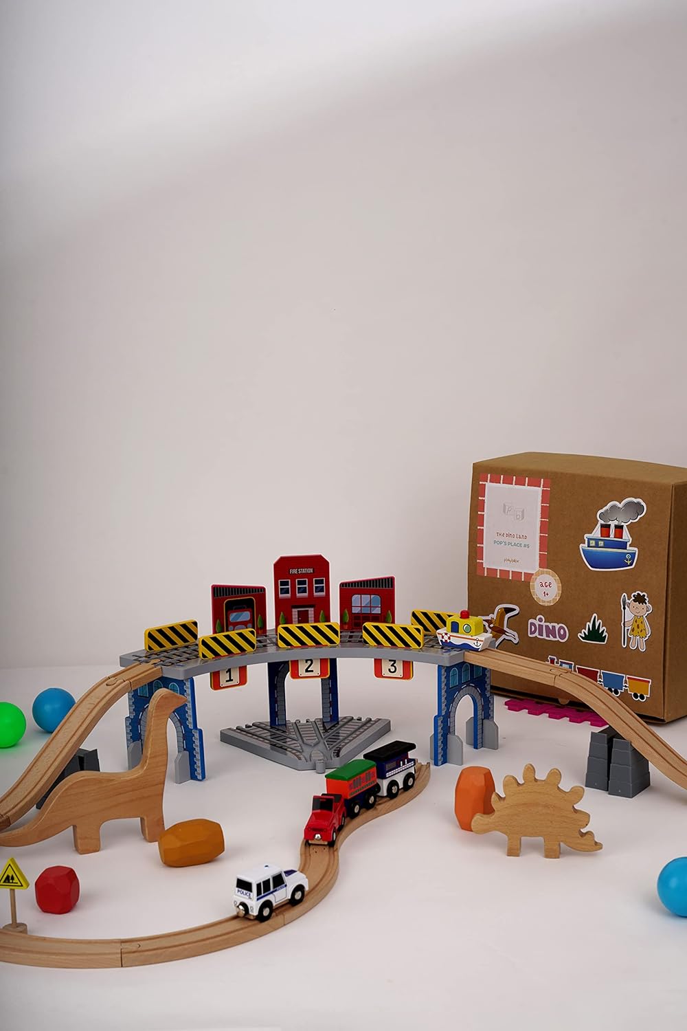 The Dino Land | Third Set-1 Including (Police Jeep,1 Car,1 Boat,2 Dinosaurs,3 Stones,1 Signal,4 Plastic Attachment,12 Tracks and1 Large Bridge)