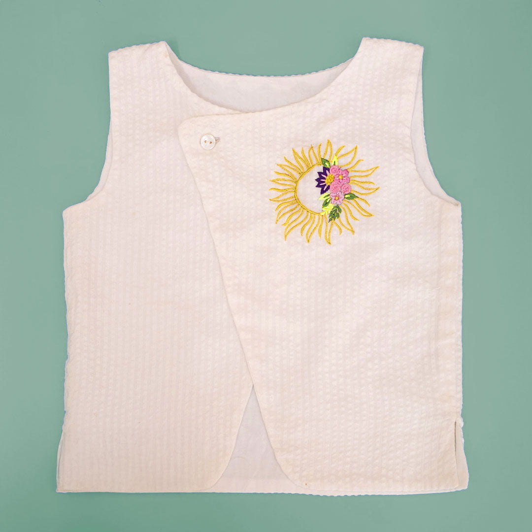 Yellow - Cotton Sun Embroidered Jacket Kurta and White Pajama Pants Set