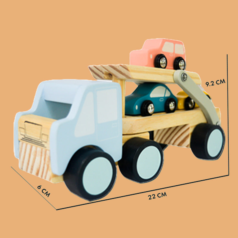 Car Carrier Truck and Cars Wooden Toy Set With 1 Carrier Truck and 3 Cars