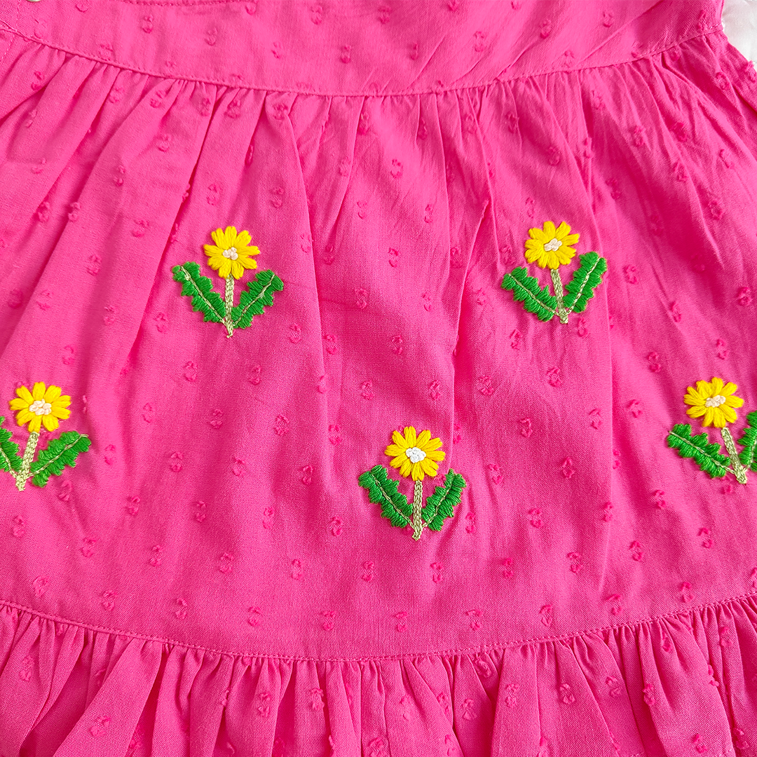 Embroidered Hot Pink Wrap Dress - Yellow Bloom