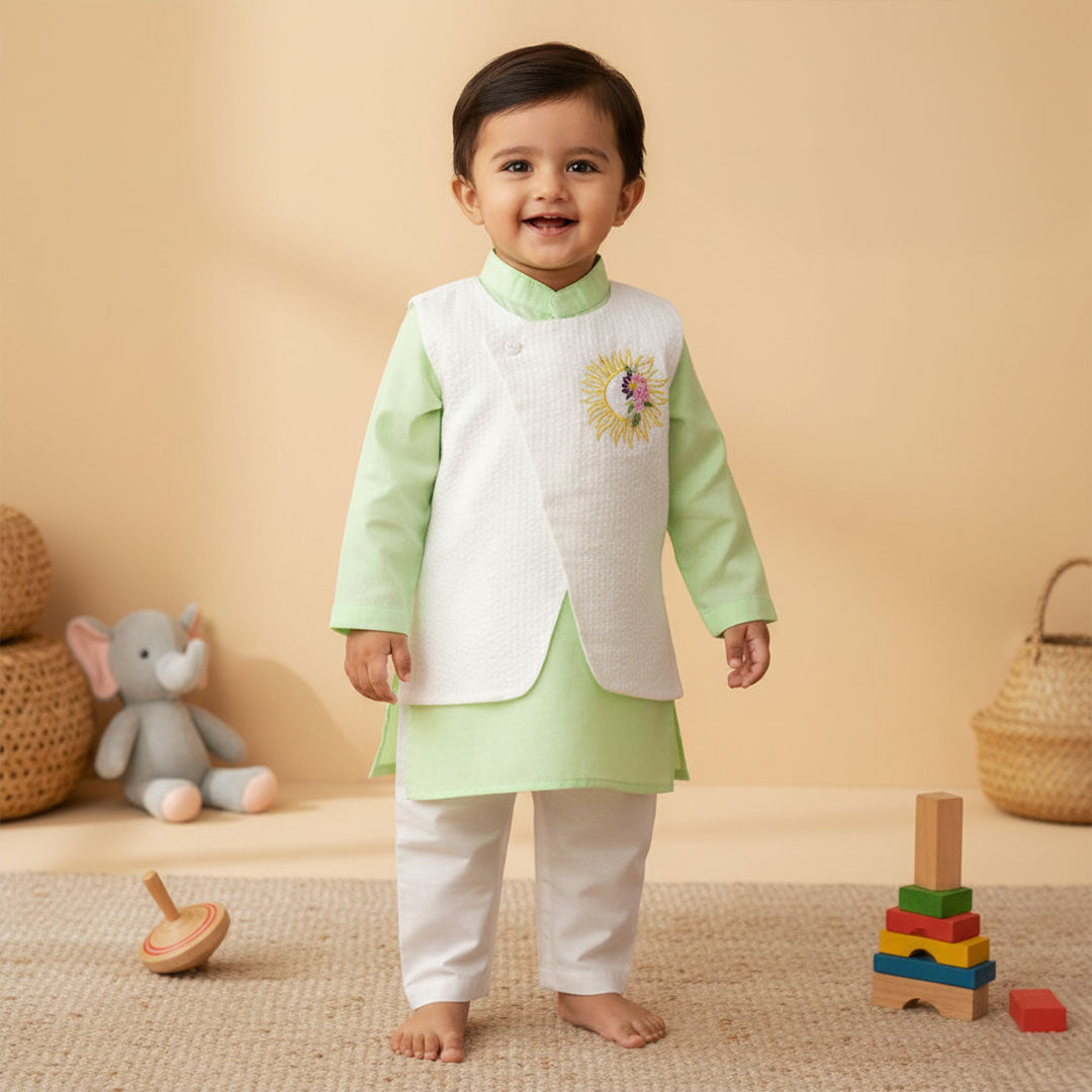 Mint Green – Cotton Sun Embroidered Jacket Kurta and White Pajama Pants Set
