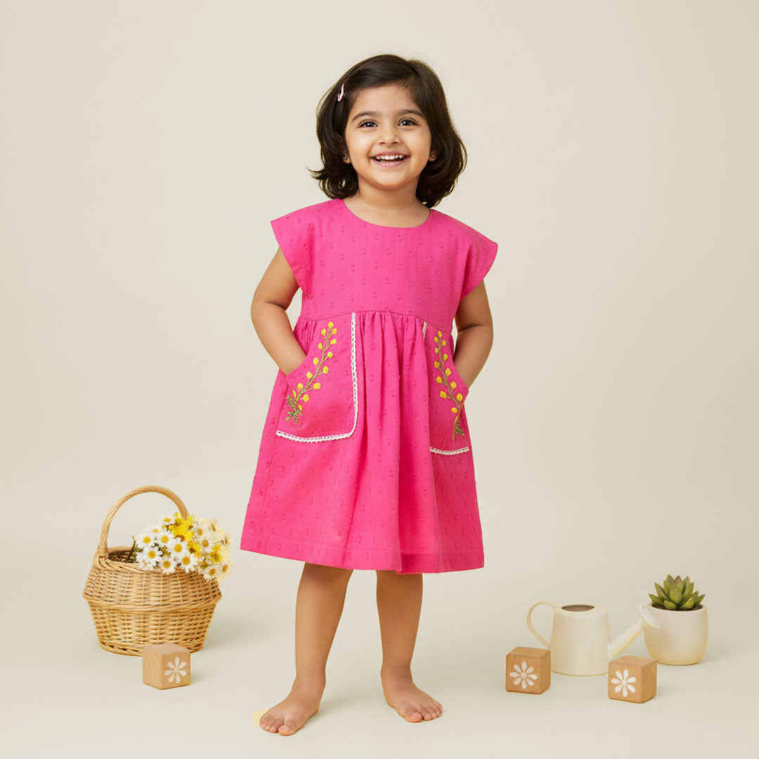 Embroidered Hot Pink Pocket Dress - Yellow Flowers