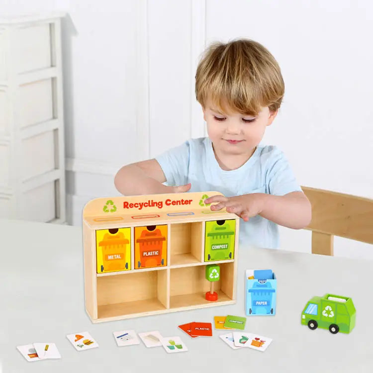Tiny Trash Hub | Reduce & Reuse Recycling Center Playset | Wooden Green Garbage Truck Toy, Sorting Bins, and Accessories | Safe, Natural Materials For Environmental Learning, Fine Motor Skills, and Play