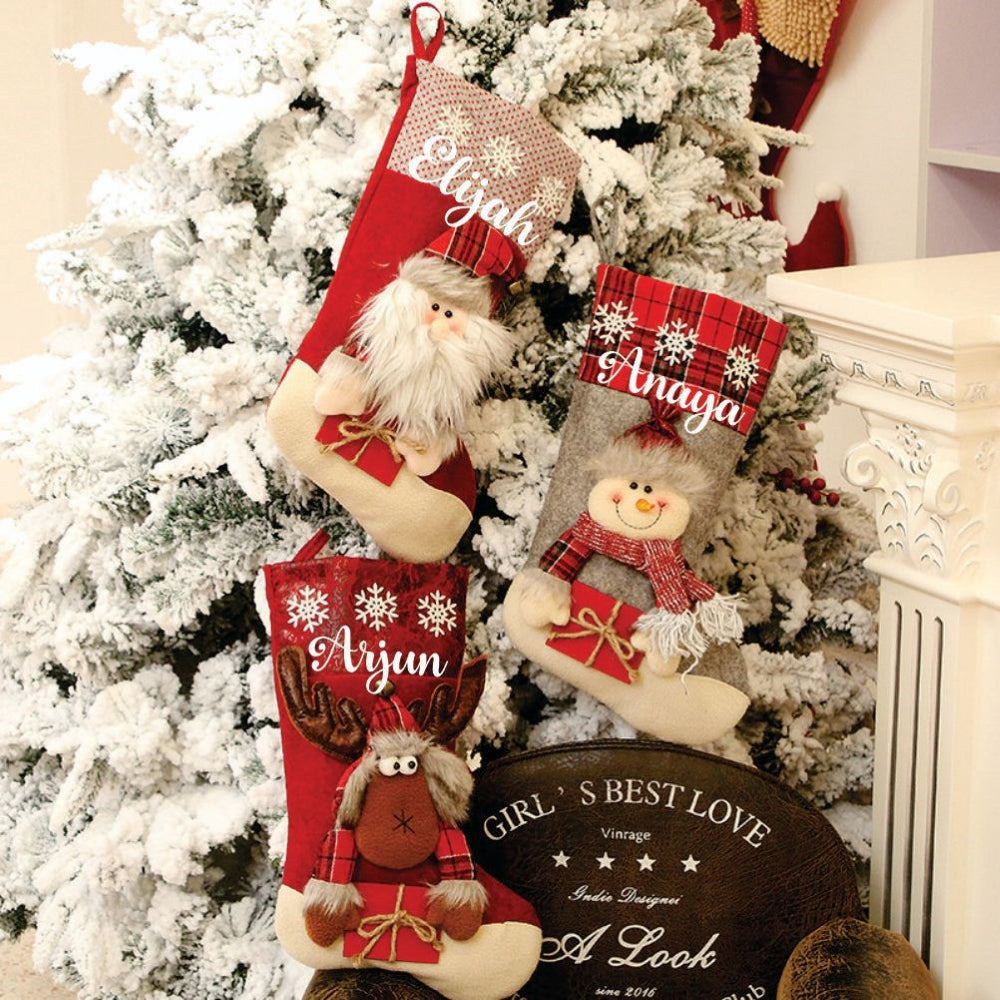 Red Gifts And Snowflake Stockings- Set Of 3