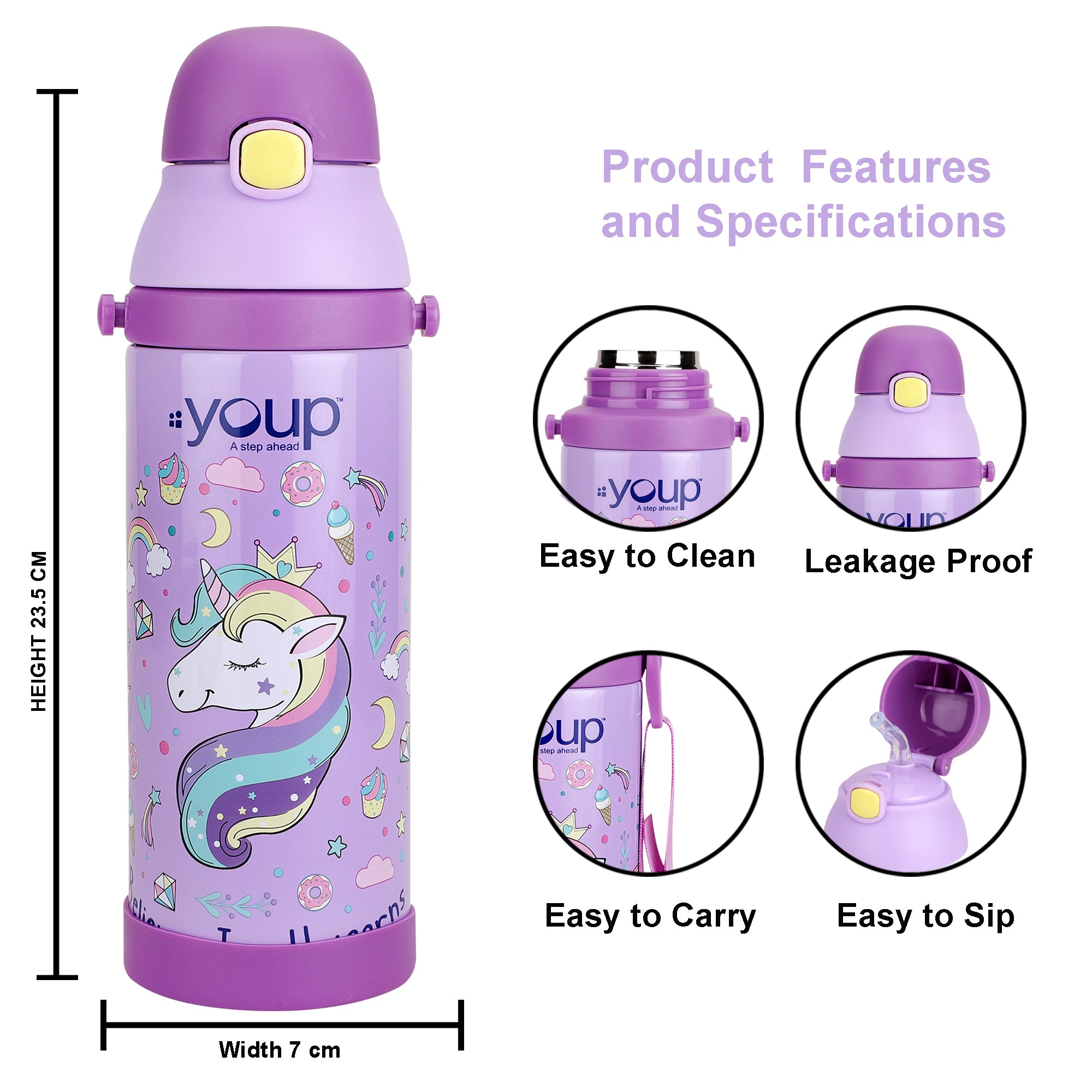 Stainless Steel Unicorn Theme Kids Insulated Sipper Bottle Winner - 500 Ml