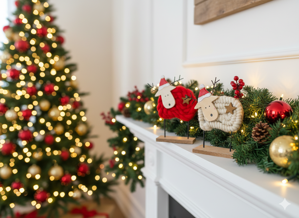 LAMMAS - pack of 2 red and white Wool & Wood Festive Critters