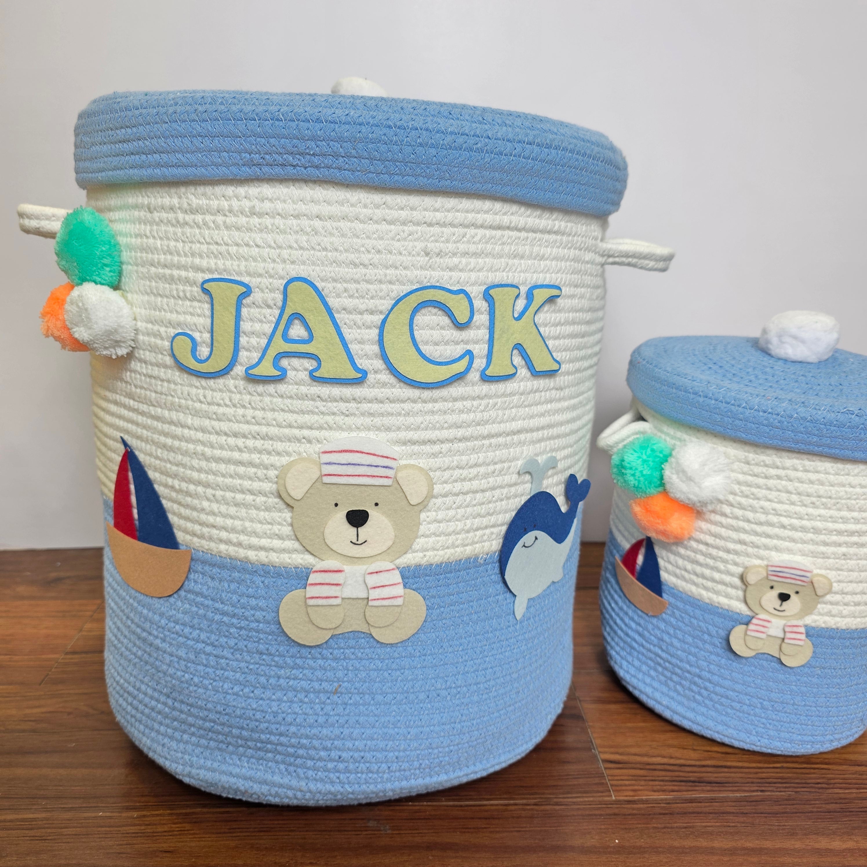 Jute Cotton Storage Basket with Lid - Seaside Skies