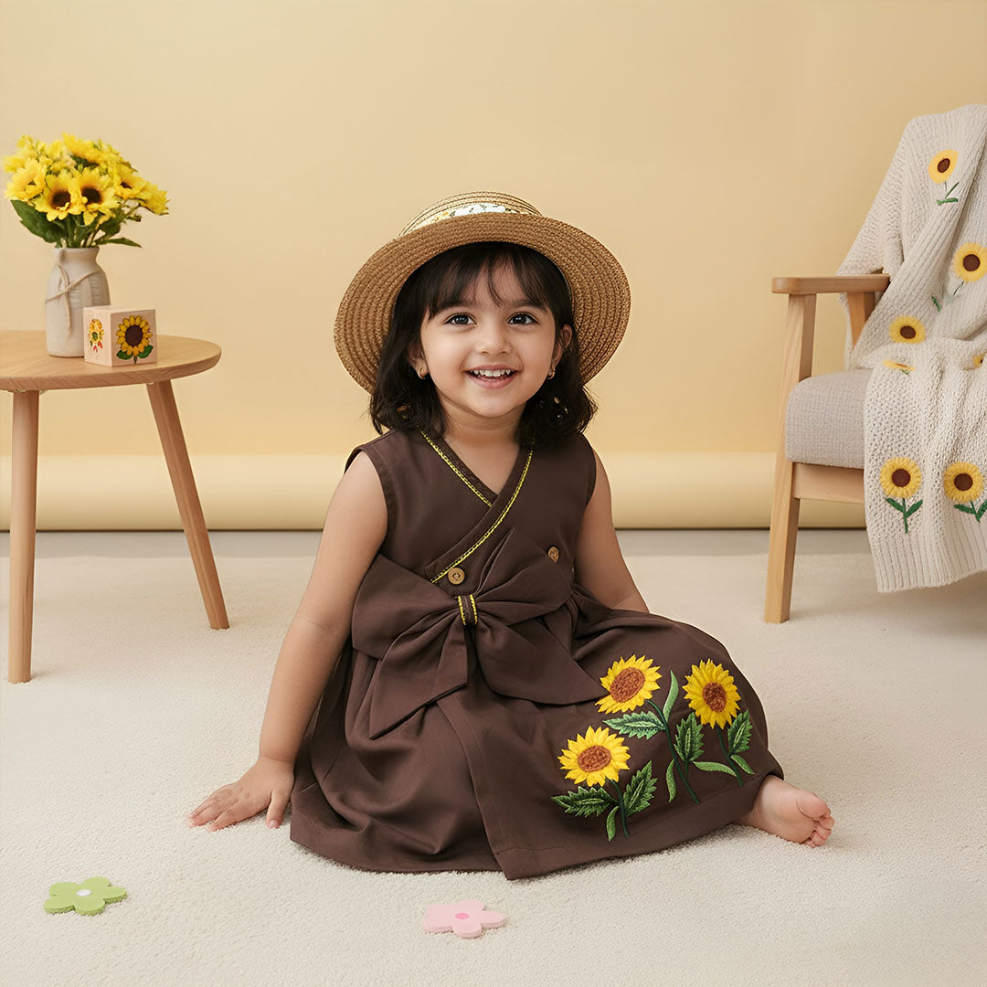 Embroidered Brown Overlap Dress - Sunflowers