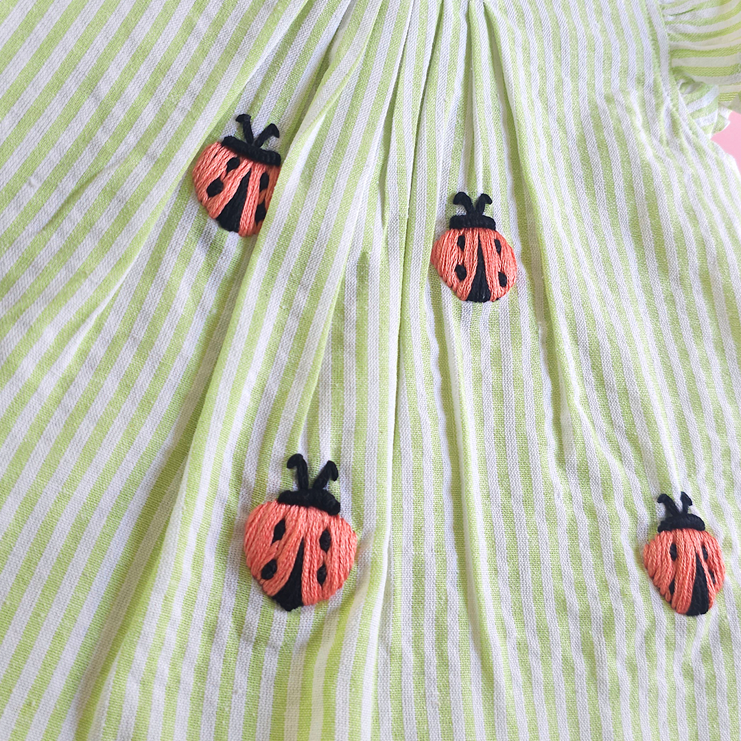 Green and White Stirped Embroidered Coord Set - LadyBugs