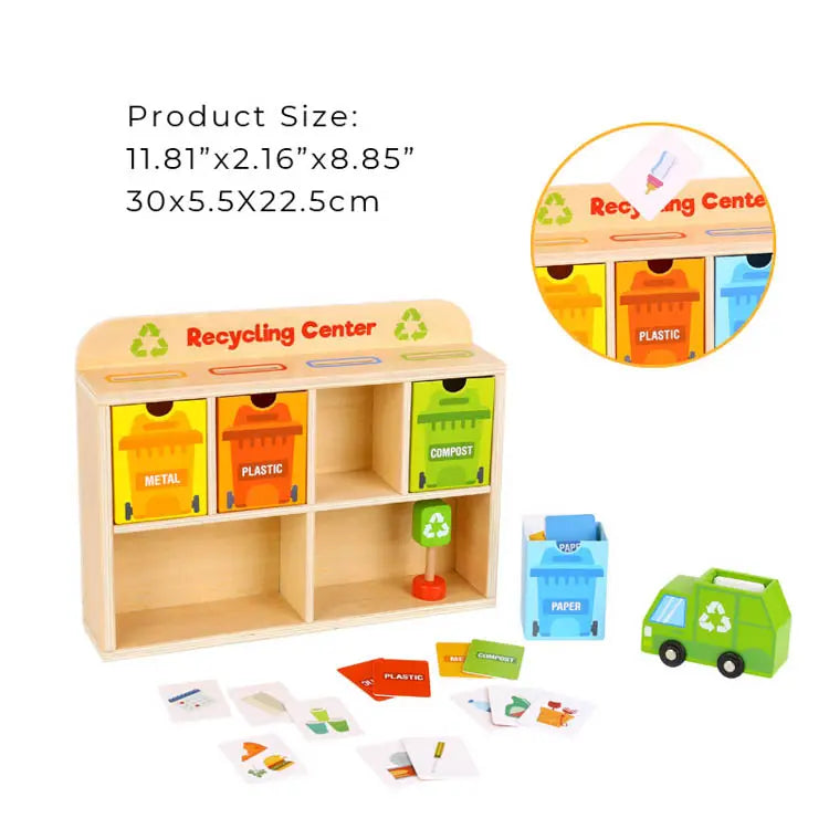 Tiny Trash Hub | Reduce & Reuse Recycling Center Playset | Wooden Green Garbage Truck Toy, Sorting Bins, and Accessories | Safe, Natural Materials For Environmental Learning, Fine Motor Skills, and Play