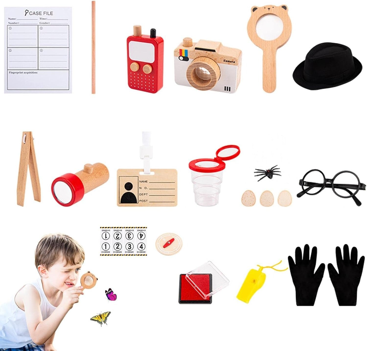 Wooden Detective Role Play Set for Kids, 15 Pieces with Evidence Markers, Wooden Tools, Case File, Black Hat and Accessories