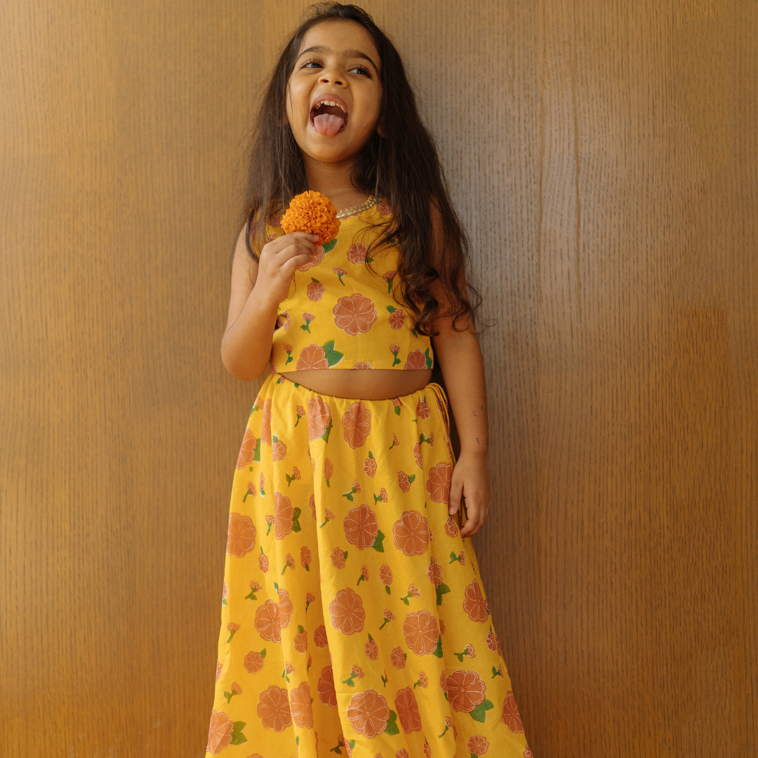 Chanderi Lehenga Set | Hand-Block Printed (Gota Work) - Genda Phool
