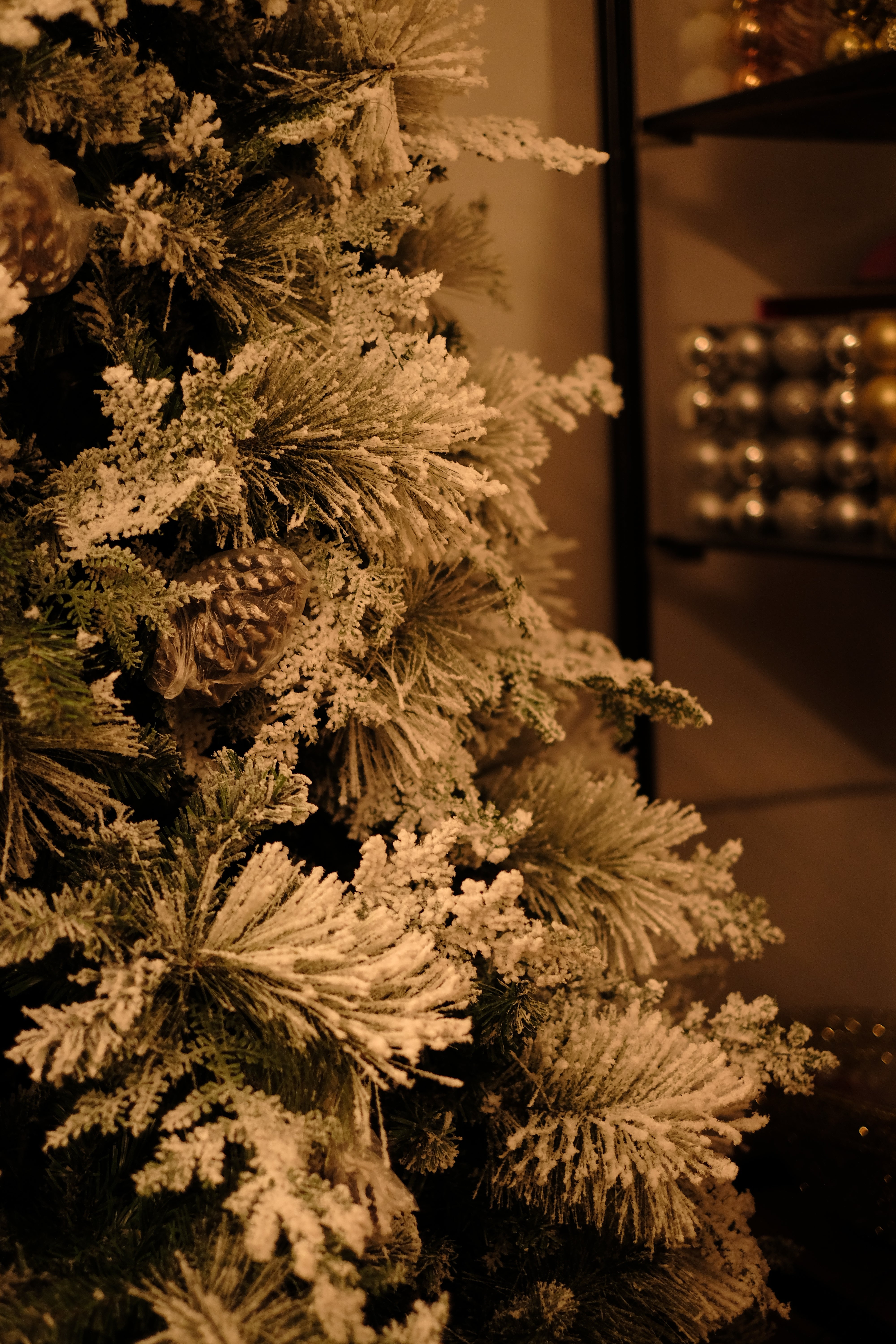 TRUE STAR Christmas tree with broad pine leaves, frosting and pine cones – 8 feet