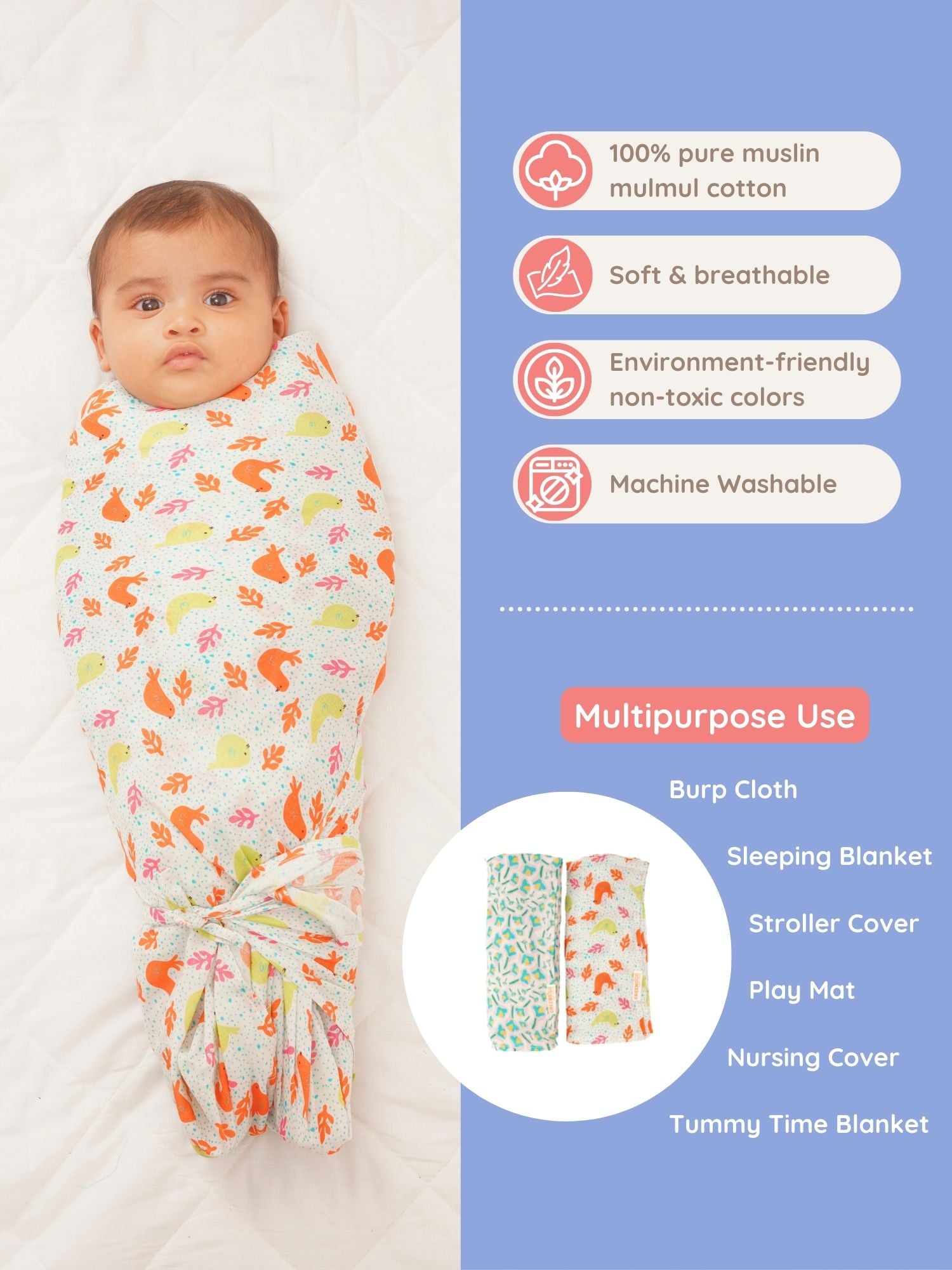 Nature's Harmony Cotton Muslin Swaddle Wrap for New Born (Pack of 2) - Totdot