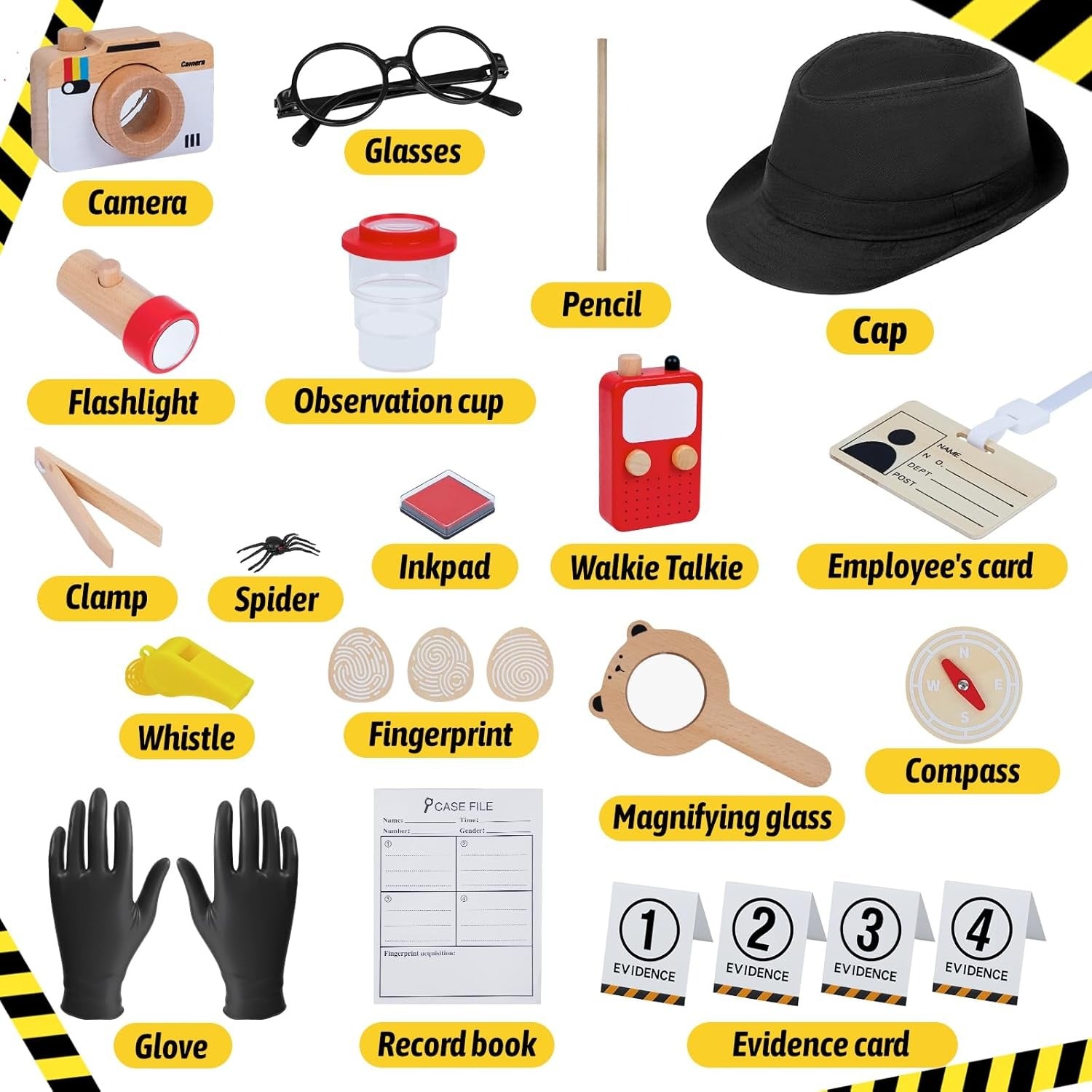 Wooden Detective Role Play Set for Kids, 15 Pieces with Evidence Markers, Wooden Tools, Case File, Black Hat and Accessories