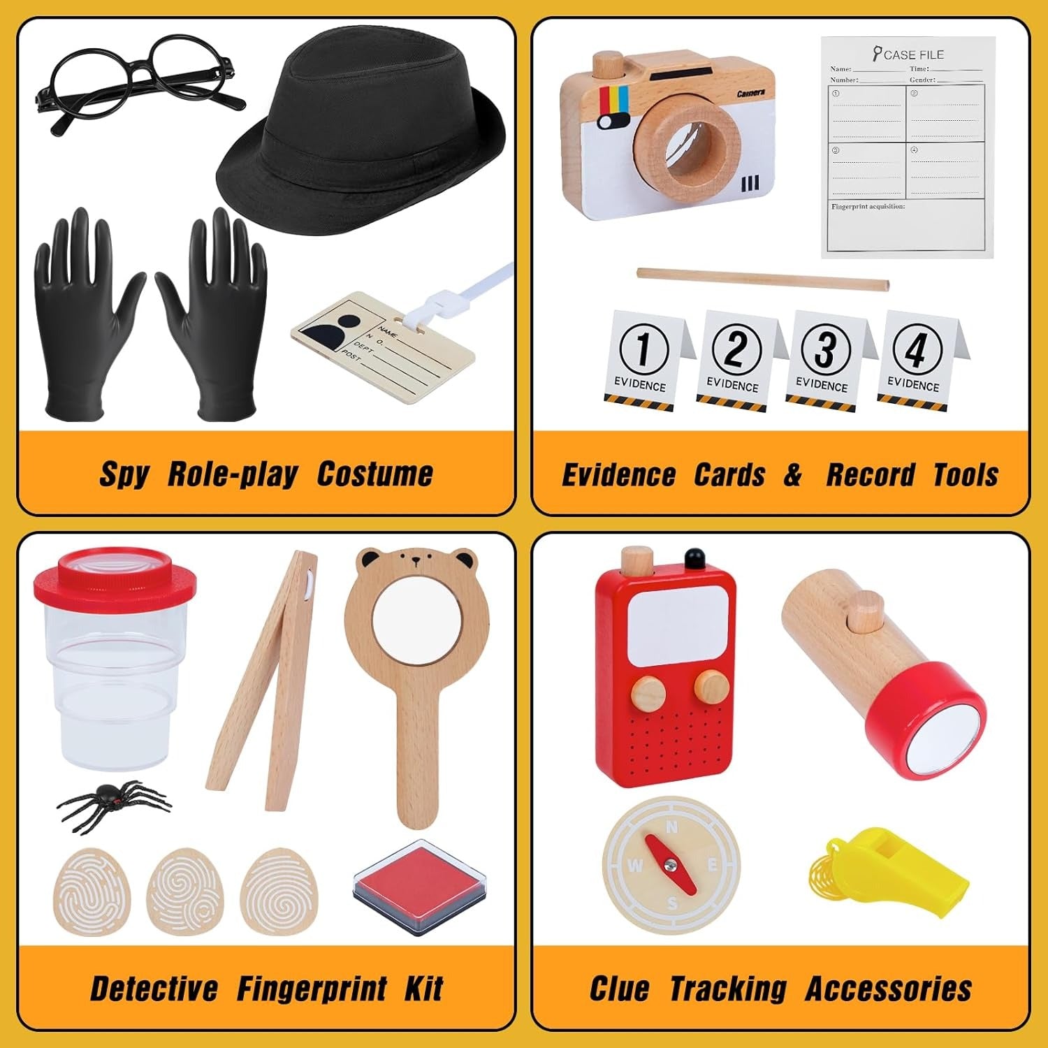 Wooden Detective Role Play Set for Kids, 15 Pieces with Evidence Markers, Wooden Tools, Case File, Black Hat and Accessories