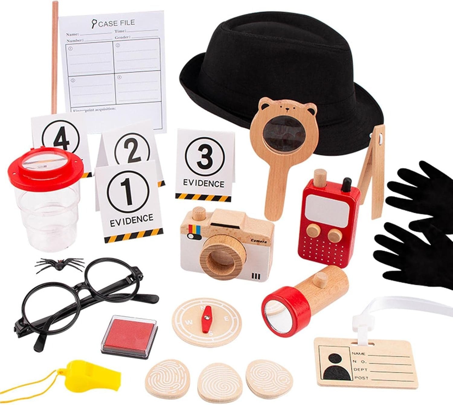 Wooden Detective Role Play Set for Kids, 15 Pieces with Evidence Markers, Wooden Tools, Case File, Black Hat and Accessories
