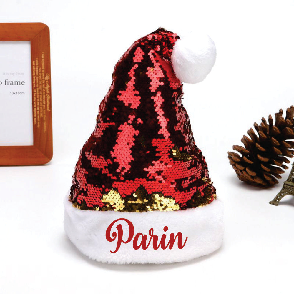 Personalised Sequins Santa Caps - Red And Gold