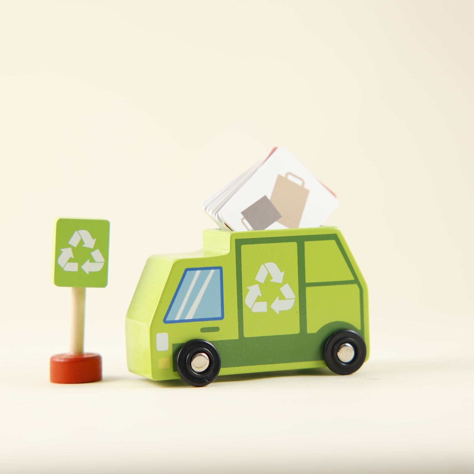 Tiny Trash Hub | Reduce & Reuse Recycling Center Playset | Wooden Green Garbage Truck Toy, Sorting Bins, and Accessories | Safe, Natural Materials For Environmental Learning, Fine Motor Skills, and Play